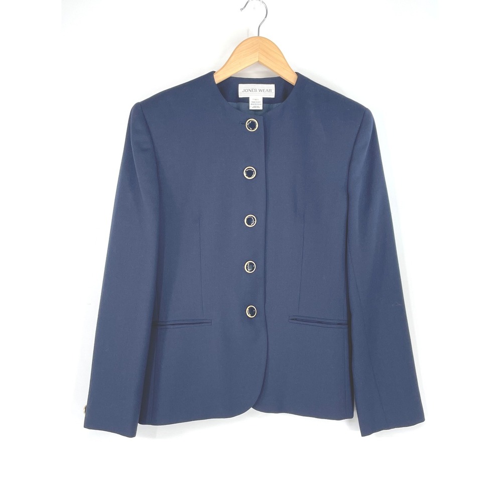 Jones Wear Womens Blazer Size 6 Collarless Navy Blue Gold‎ Buttons USA